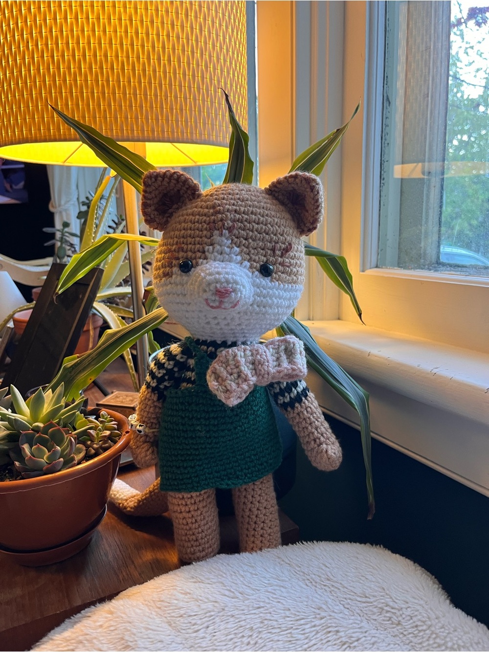 Handmade Crochet Cat Plush in Brown and Cream with Green Dress